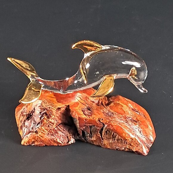 Glass Baron Clear Glass Dolphin Sculpture W 22 K Gold Accents On Burl Wood Base - Picture 4 of 10